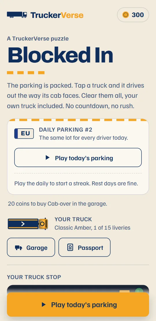 The game's start screen: today's daily parking card, your truck and the route, one row per country.