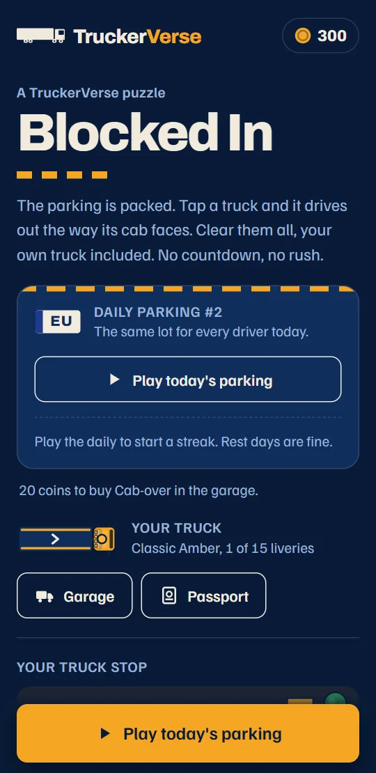 The game's start screen: today's daily parking card, your truck and the route, one row per country.